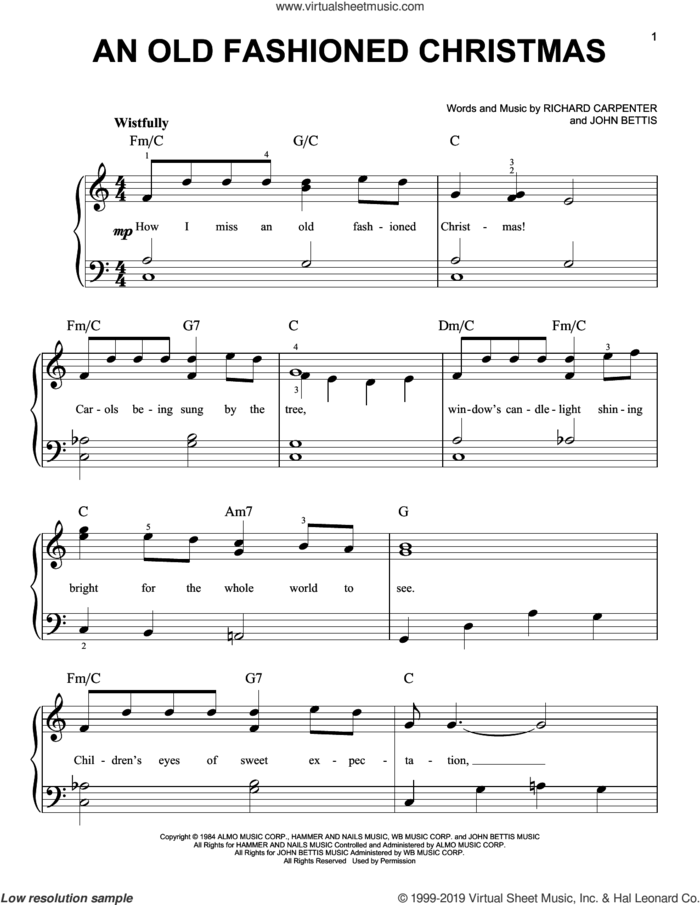 An Old Fashioned Christmas sheet music for piano solo by Carpenters, John Bettis and Richard Carpenter, easy skill level