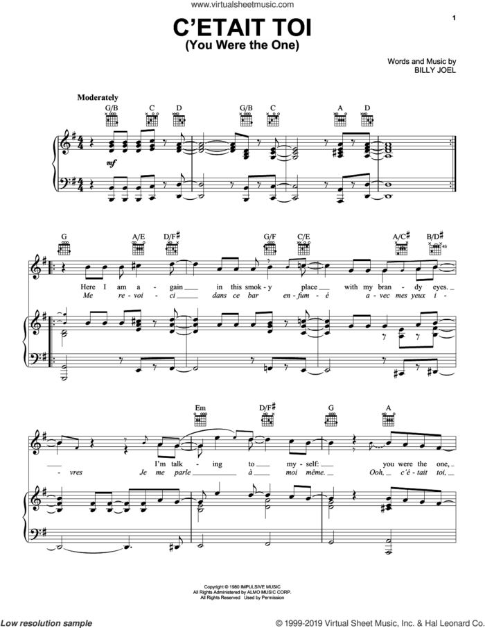 C'etait toi (You Were The One) sheet music for voice, piano or guitar by Billy Joel and David Rosenthal, intermediate skill level