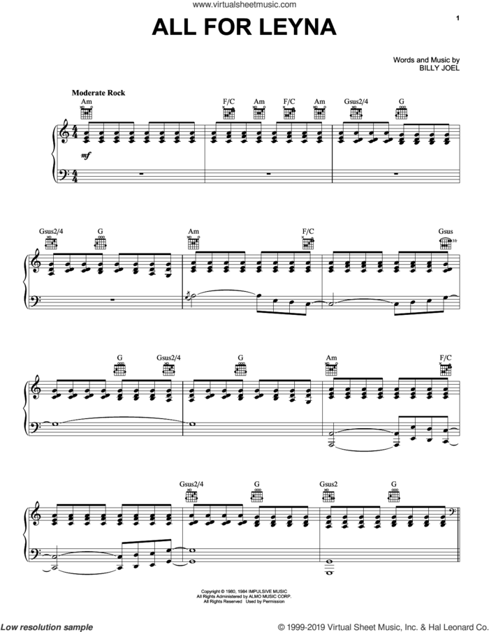 All For Leyna sheet music for voice, piano or guitar by Billy Joel and David Rosenthal, intermediate skill level