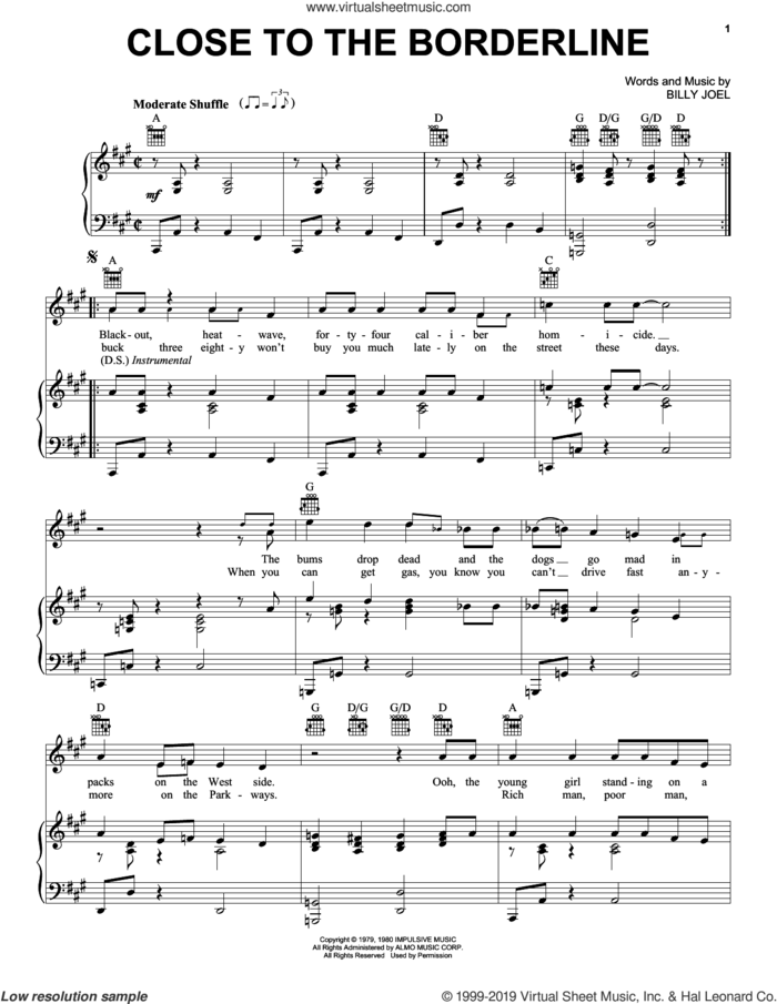 Close To The Borderline sheet music for voice, piano or guitar by Billy Joel and David Rosenthal, intermediate skill level
