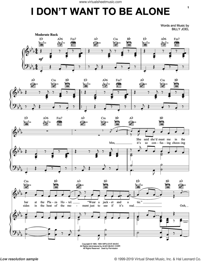 I Don't Want To Be Alone sheet music for voice, piano or guitar by Billy Joel and David Rosenthal, intermediate skill level
