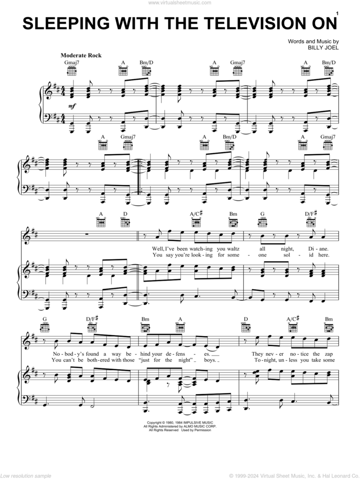 Sleeping With The Television On sheet music for voice, piano or guitar by Billy Joel and David Rosenthal, intermediate skill level