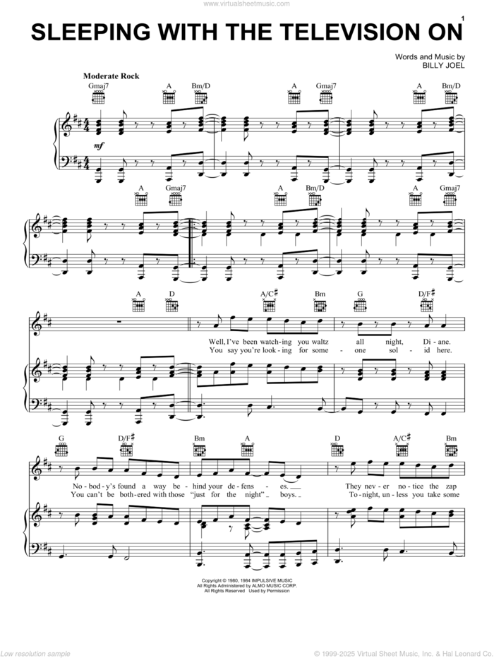 Sleeping With The Television On sheet music for voice, piano or guitar by Billy Joel and David Rosenthal, intermediate skill level