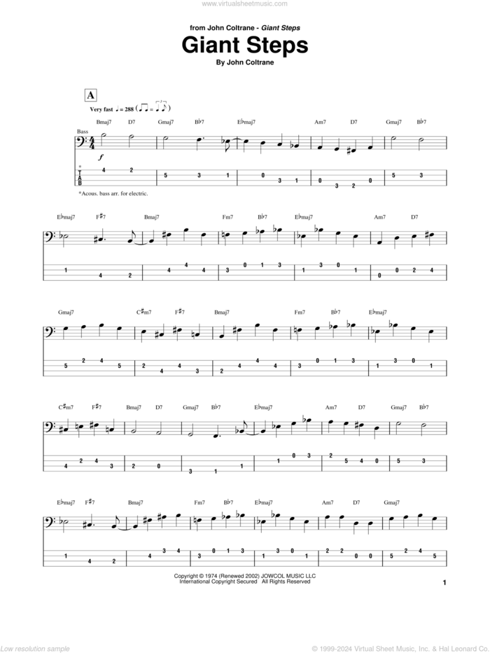 Giant Steps sheet music for bass (tablature) (bass guitar) by John Coltrane, intermediate skill level