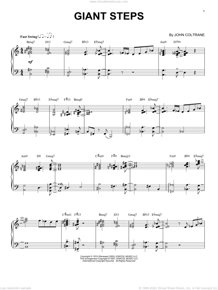 Giant Steps sheet music for piano solo by John Coltrane, intermediate skill level