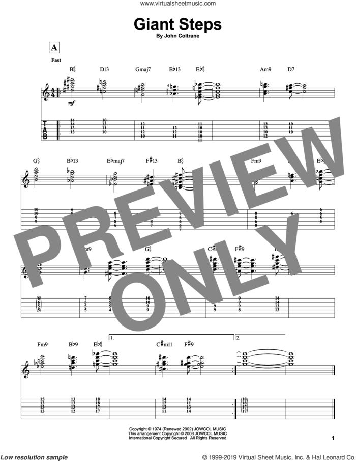 Giant Steps sheet music for guitar solo by John Coltrane, intermediate skill level