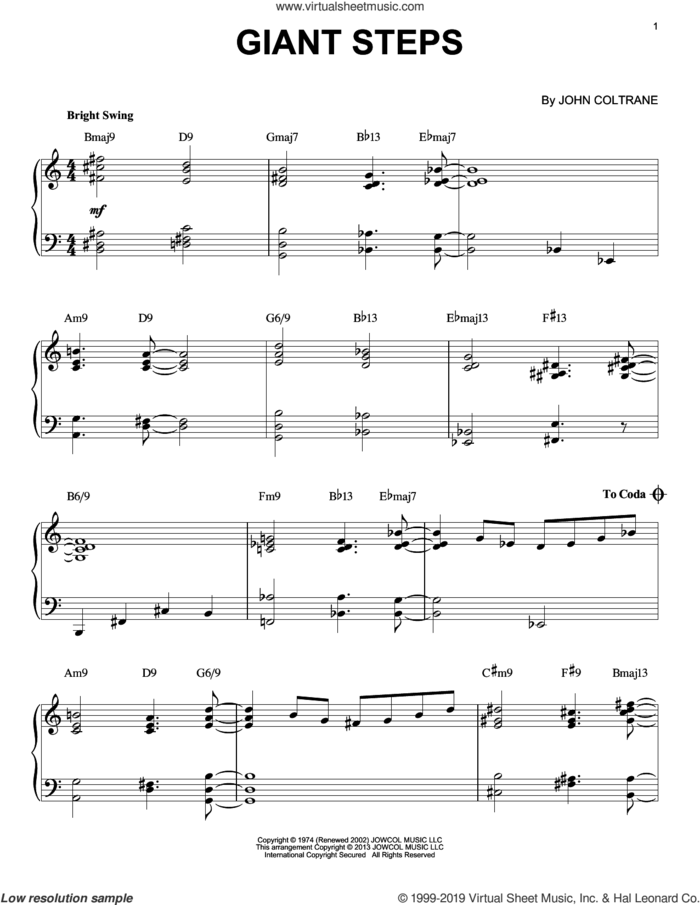 Giant Steps sheet music for voice, piano or guitar by John Coltrane, intermediate skill level