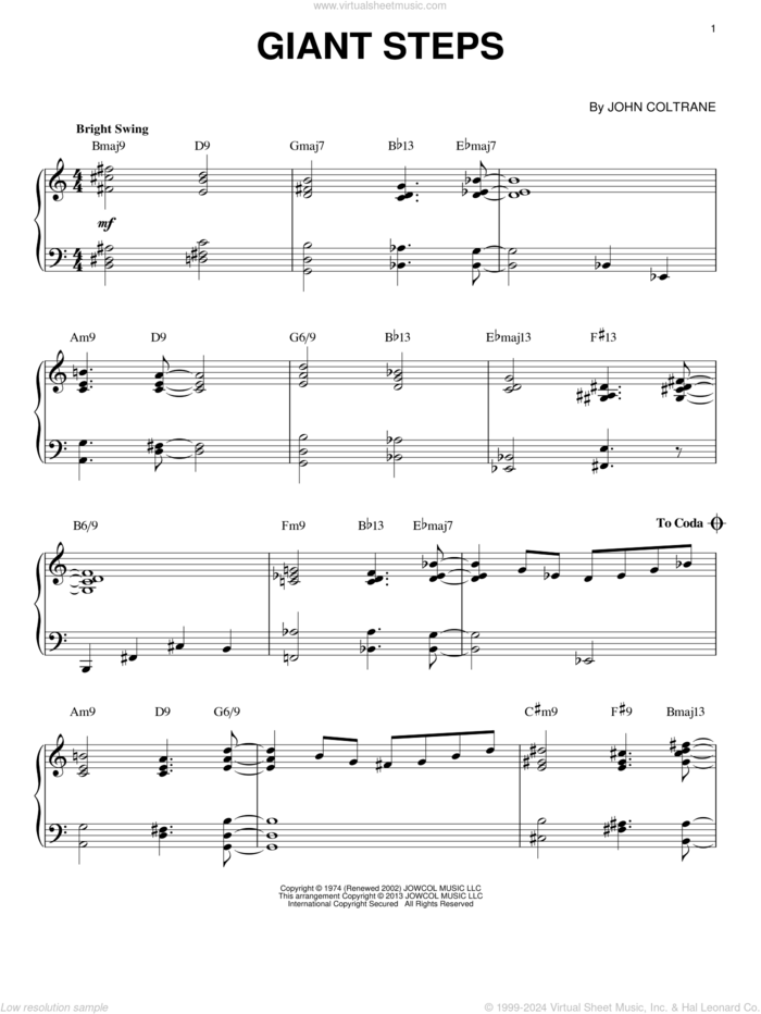 Giant Steps [Jazz version] (arr. Brent Edstrom) sheet music for piano solo by John Coltrane and Brent Edstrom, intermediate skill level