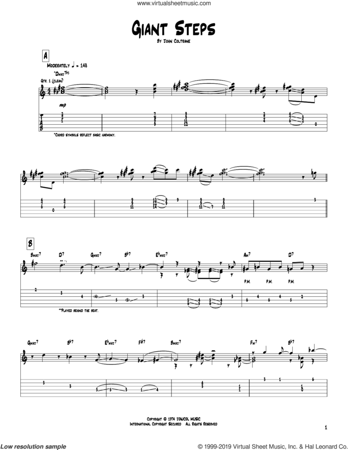Giant Steps sheet music for guitar (tablature) by Pat Metheny and John Coltrane, intermediate skill level