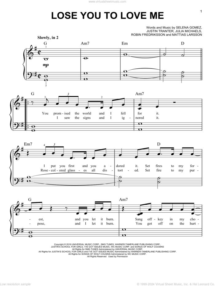 Lose You To Love Me sheet music for piano solo by Selena Gomez, Julia Michaels, Justin Tranter, Mattias Larsson and Robin Fredriksson, beginner skill level