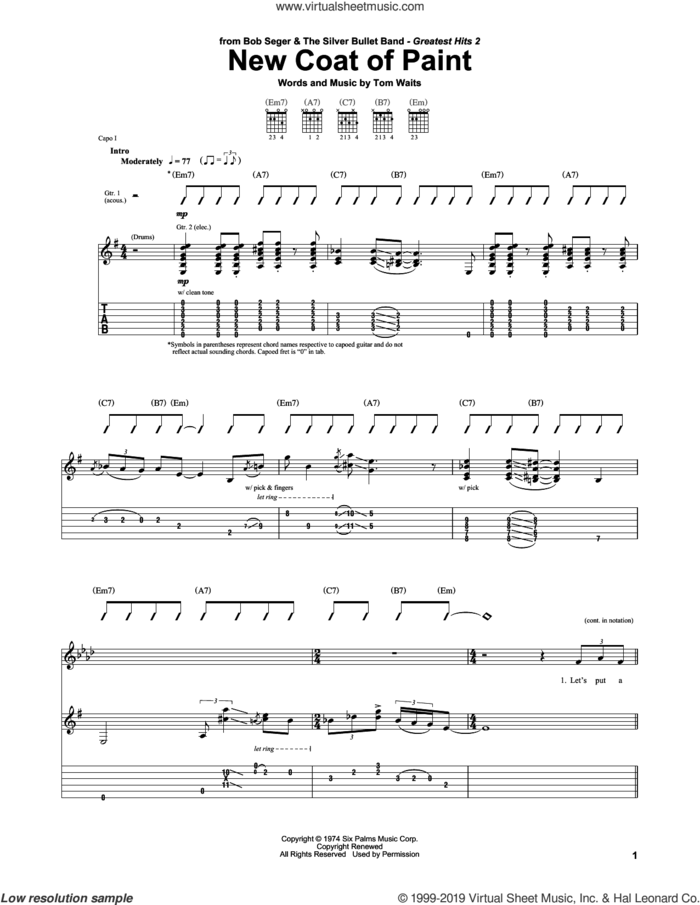 New Coat Of Paint sheet music for guitar (tablature) by Bob Seger and Tom Waits, intermediate skill level