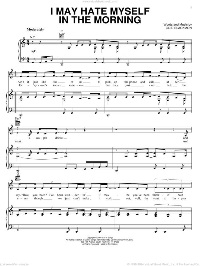 I May Hate Myself In The Morning sheet music for voice, piano or guitar by Lee Ann Womack and Odie Blackmon, intermediate skill level
