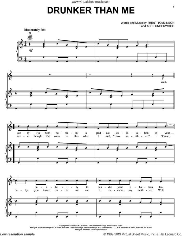 Drunker Than Me sheet music for voice, piano or guitar by Trent Tomlinson and Ashe Underwood, intermediate skill level