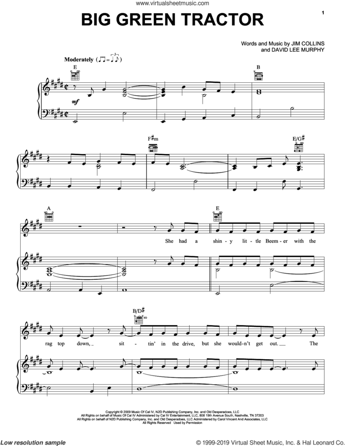 Big Green Tractor sheet music for voice, piano or guitar by Jason Aldean, David Lee Murphy and Jim Collins, intermediate skill level