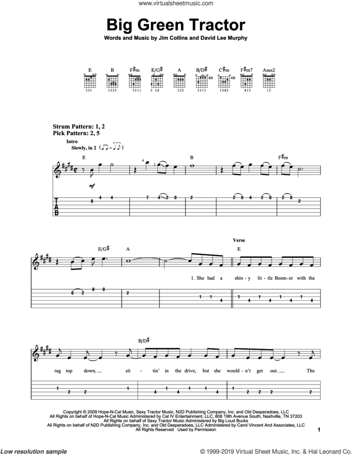 Big Green Tractor sheet music for guitar solo (easy tablature) by Jason Aldean, David Lee Murphy and Jim Collins, easy guitar (easy tablature)