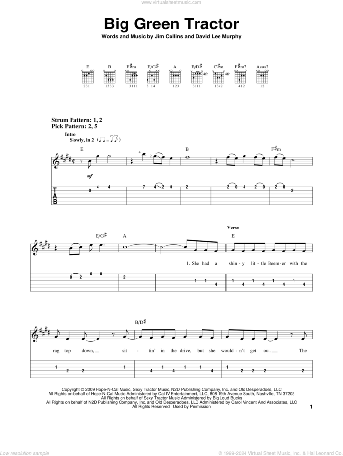 Big Green Tractor sheet music for guitar solo (easy tablature) by Jason Aldean, David Lee Murphy and Jim Collins, easy guitar (easy tablature)