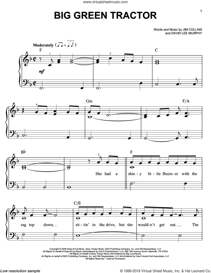 Big Green Tractor sheet music for piano solo by Jason Aldean, David Lee Murphy and Jim Collins, easy skill level