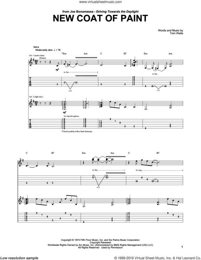 New Coat Of Paint sheet music for guitar (tablature) by Joe Bonamassa, Bob Seger and Tom Waits, intermediate skill level