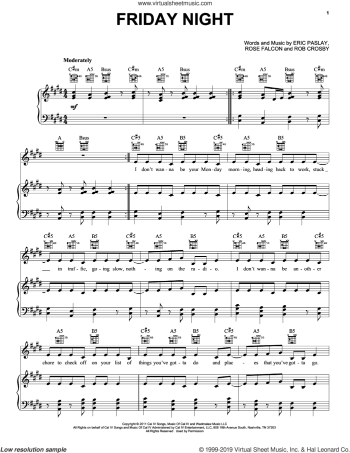 Friday Night sheet music for voice, piano or guitar by Eric Paslay, Rob Crosby and Rose Falcon, intermediate skill level