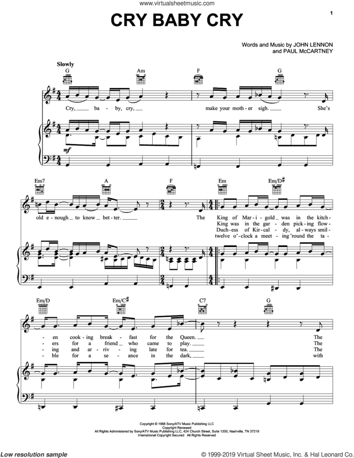 Cry Baby Cry sheet music for voice, piano or guitar by The Beatles, John Lennon and Paul McCartney, intermediate skill level