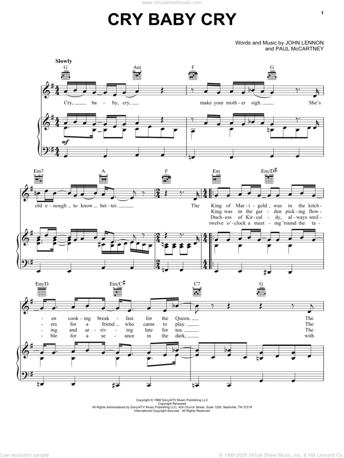 Cry Baby Cry sheet music for voice, piano or guitar by The Beatles, John Lennon and Paul McCartney, intermediate skill level