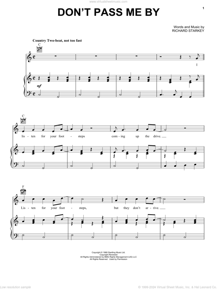 Don't Pass Me By sheet music for voice, piano or guitar by The Beatles and Richard Starkey, intermediate skill level