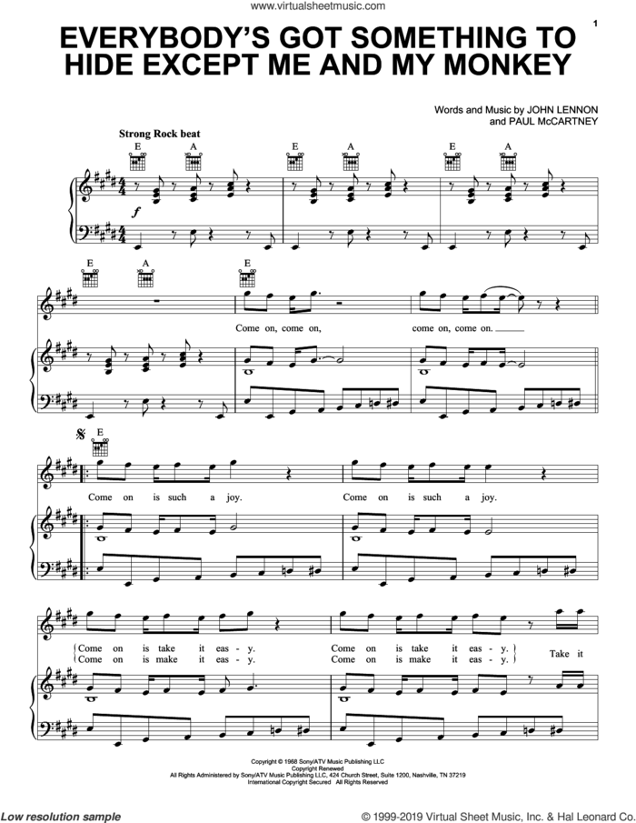 Everybody's Got Something To Hide Except Me And My Monkey sheet music for voice, piano or guitar by The Beatles, John Lennon and Paul McCartney, intermediate skill level
