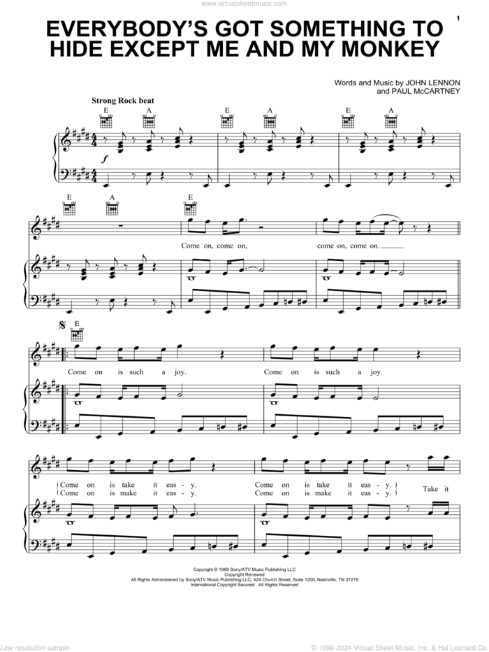 Everybody's Got Something To Hide Except Me And My Monkey sheet music for voice, piano or guitar by The Beatles, John Lennon and Paul McCartney, intermediate skill level