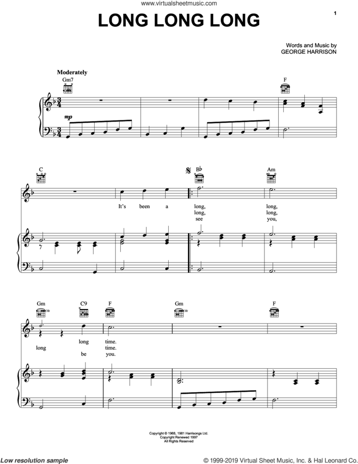 Long Long Long sheet music for voice, piano or guitar by The Beatles and George Harrison, intermediate skill level