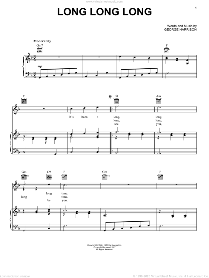 Long Long Long sheet music for voice, piano or guitar by The Beatles and George Harrison, intermediate skill level