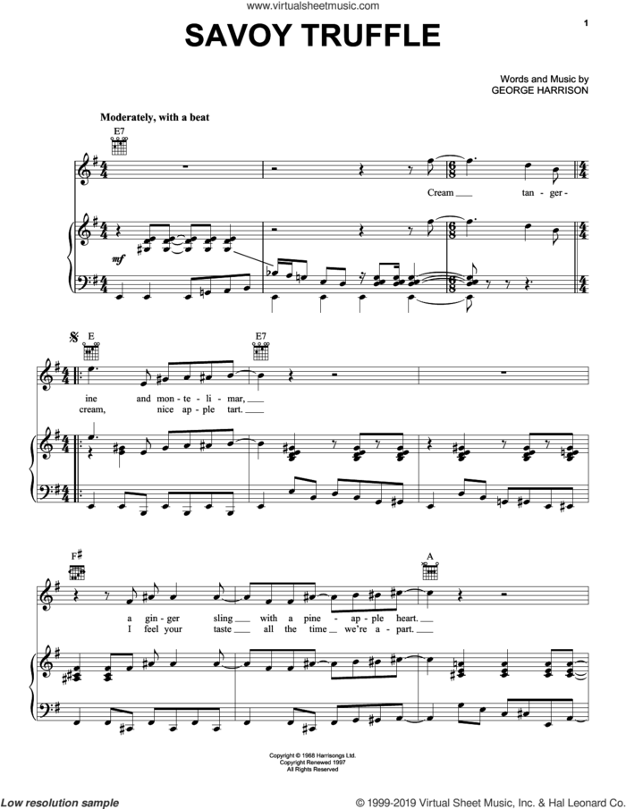 Savoy Truffle sheet music for voice, piano or guitar by The Beatles and George Harrison, intermediate skill level