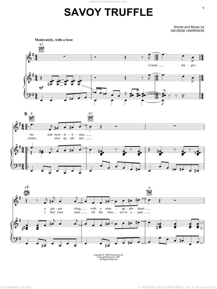 Savoy Truffle sheet music for voice, piano or guitar by The Beatles and George Harrison, intermediate skill level