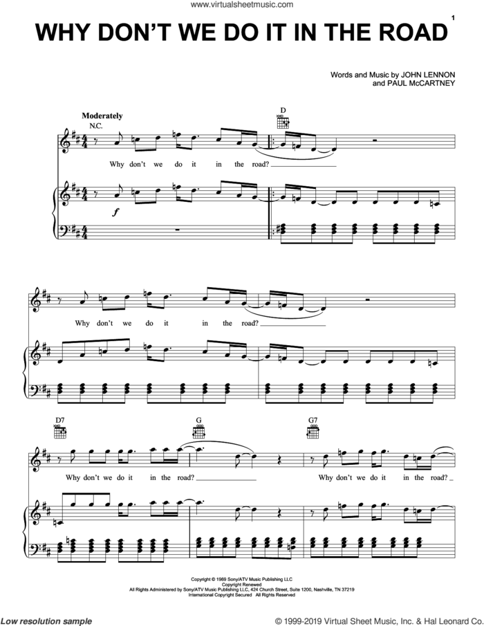 Why Don't We Do It In The Road sheet music for voice, piano or guitar by The Beatles, John Lennon and Paul McCartney, intermediate skill level