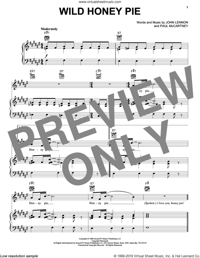 Wild Honey Pie sheet music for voice, piano or guitar by The Beatles, John Lennon and Paul McCartney, intermediate skill level