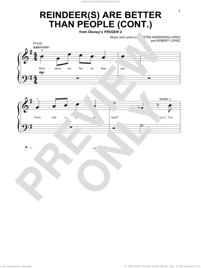 Reindeer(s) Are Better Than People (Cont.) (from Disney's Frozen 2) sheet music for piano solo by Jonathan Groff, Kristen Anderson-Lopez and Robert Lopez, beginner skill level