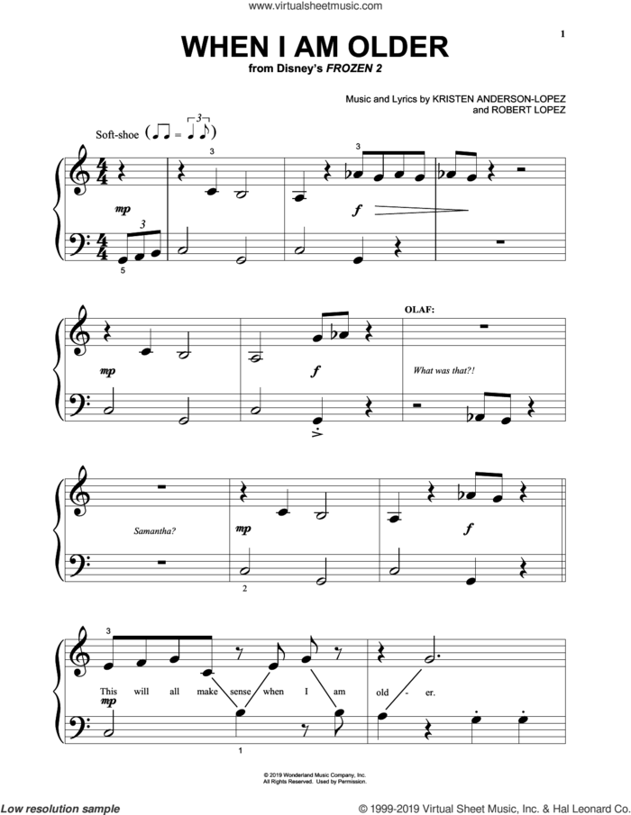 When I Am Older (from Disney's Frozen 2) sheet music for piano solo by Josh Gad, Kristen Anderson-Lopez and Robert Lopez, beginner skill level