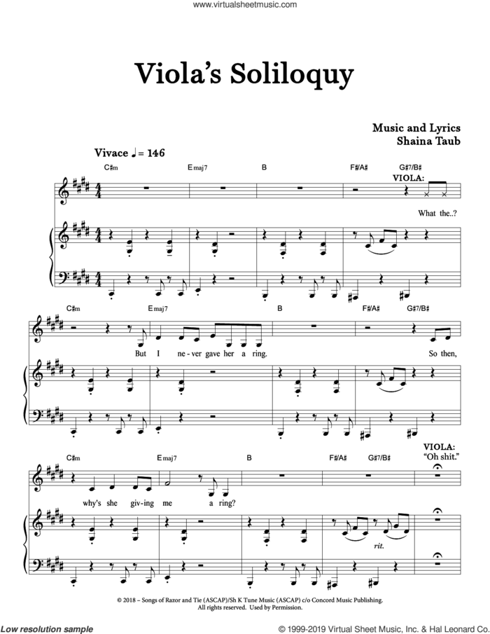 Viola's Soliloquy (from Twelfth Night) sheet music for voice and piano by Shaina Taub, intermediate skill level