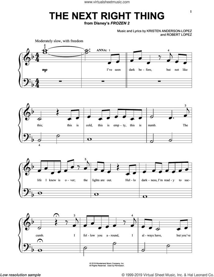 The Next Right Thing (from Disney's Frozen 2) sheet music for piano solo by Kristen Bell, Kristen Anderson-Lopez and Robert Lopez, beginner skill level