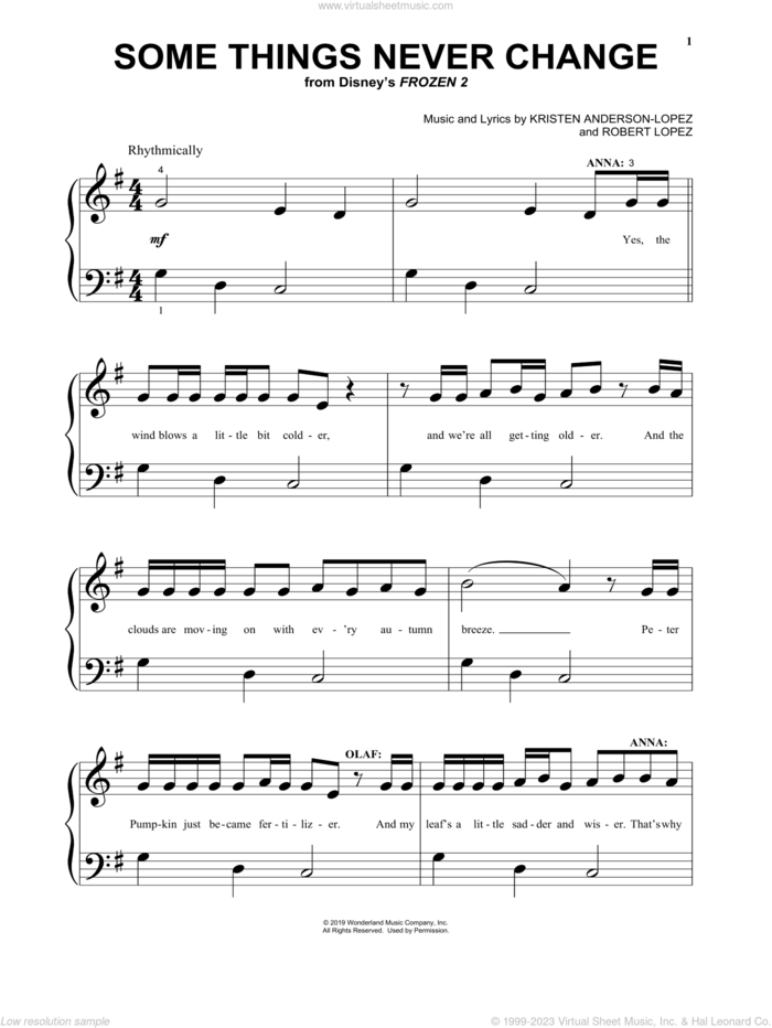Some Things Never Change (from Disney's Frozen 2) sheet music for piano solo by Kristen Bell, Idina Menzel and Cast of Frozen 2, Kristen Anderson-Lopez and Robert Lopez, beginner skill level