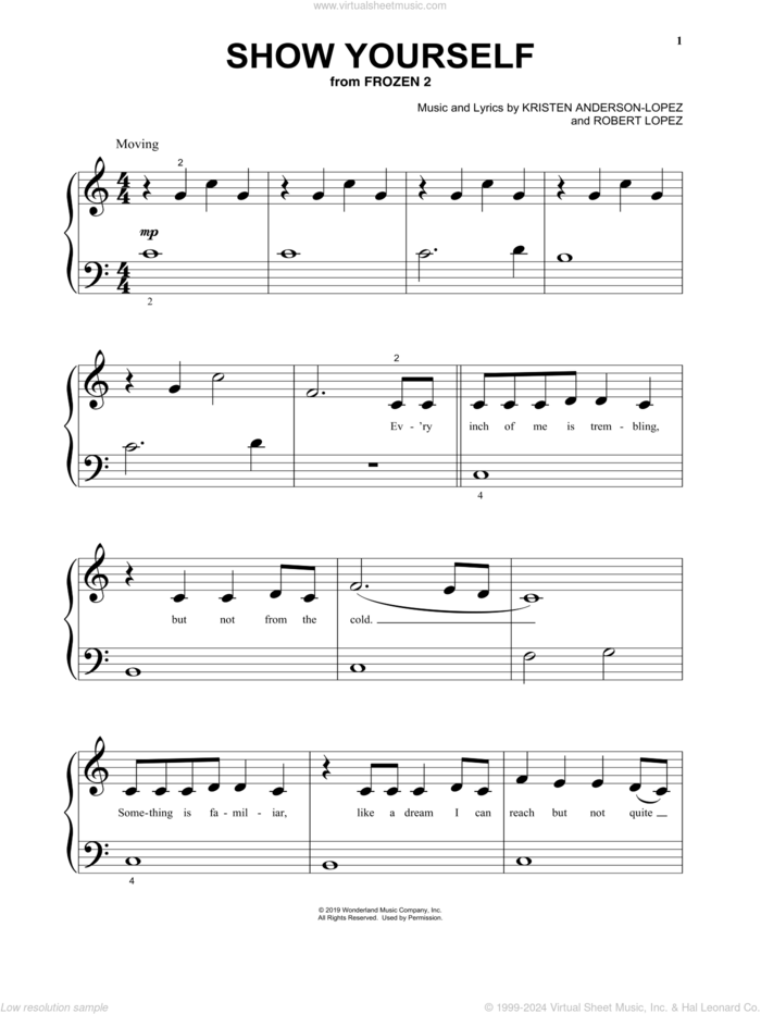 Show Yourself (from Disney's Frozen 2) sheet music for piano solo by Idina Menzel and Evan Rachel Wood, Kristen Anderson-Lopez and Robert Lopez, beginner skill level