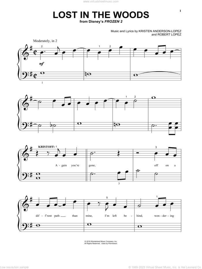 Lost In The Woods (from Disney's Frozen 2) sheet music for piano solo by Jonathan Groff, Kristen Anderson-Lopez and Robert Lopez, beginner skill level