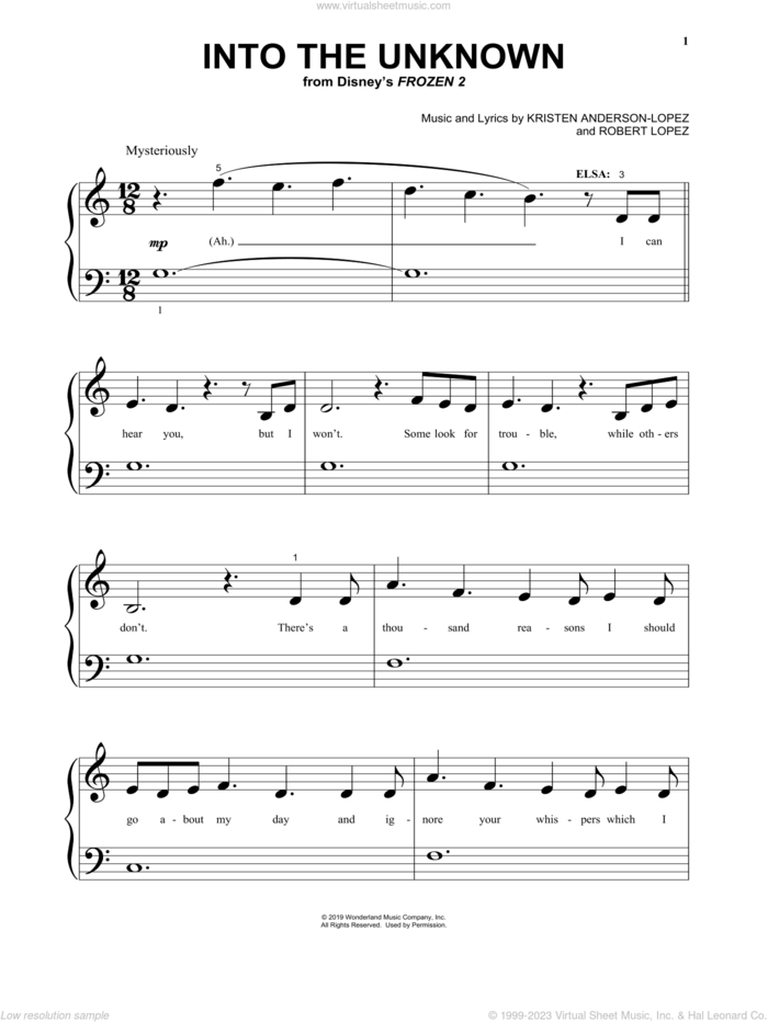 Into The Unknown (from Disney's Frozen 2) sheet music for piano solo by Idina Menzel and AURORA, Kristen Anderson-Lopez and Robert Lopez, beginner skill level