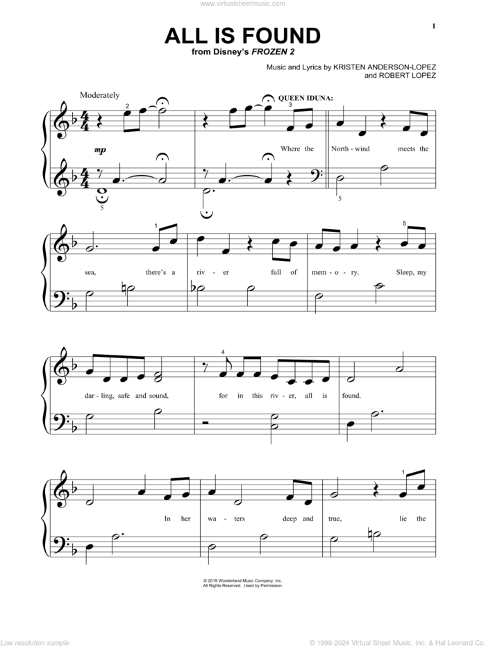 All Is Found (from Disney's Frozen 2) sheet music for piano solo by Evan Rachel Wood, Kristen Anderson-Lopez and Robert Lopez, beginner skill level