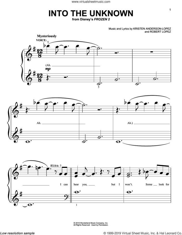 Into The Unknown (from Disney's Frozen 2) sheet music for piano solo (big note book) by Idina Menzel and AURORA, Kristen Anderson-Lopez and Robert Lopez, easy piano (big note book)