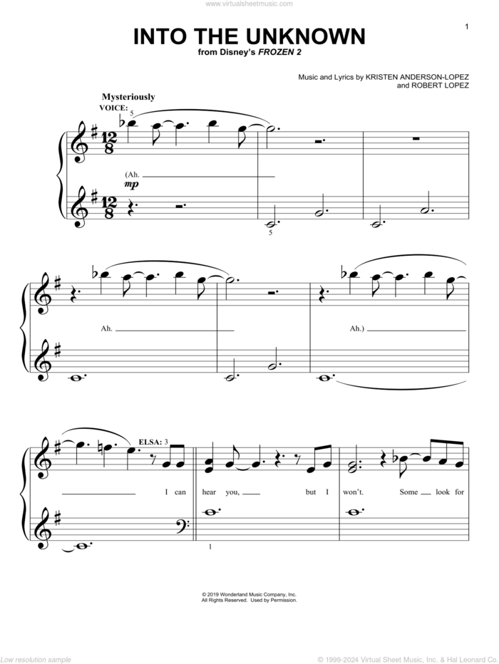 Into The Unknown (from Disney's Frozen 2) sheet music for piano solo (big note book) by Idina Menzel and AURORA, Kristen Anderson-Lopez and Robert Lopez, easy piano (big note book)