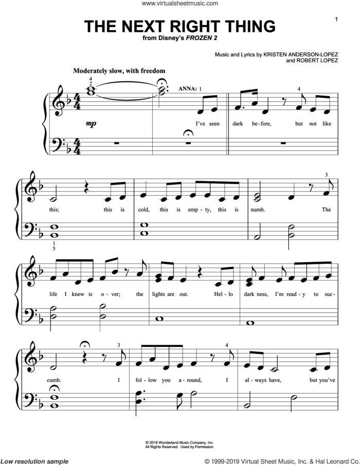 The Next Right Thing (from Disney's Frozen 2) sheet music for piano solo (big note book) by Kristen Bell, Kristen Anderson-Lopez and Robert Lopez, easy piano (big note book)