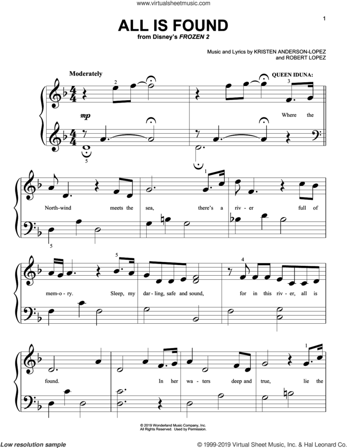 All Is Found (from Disney's Frozen 2) sheet music for piano solo (big note book) by Evan Rachel Wood, Kristen Anderson-Lopez and Robert Lopez, easy piano (big note book)