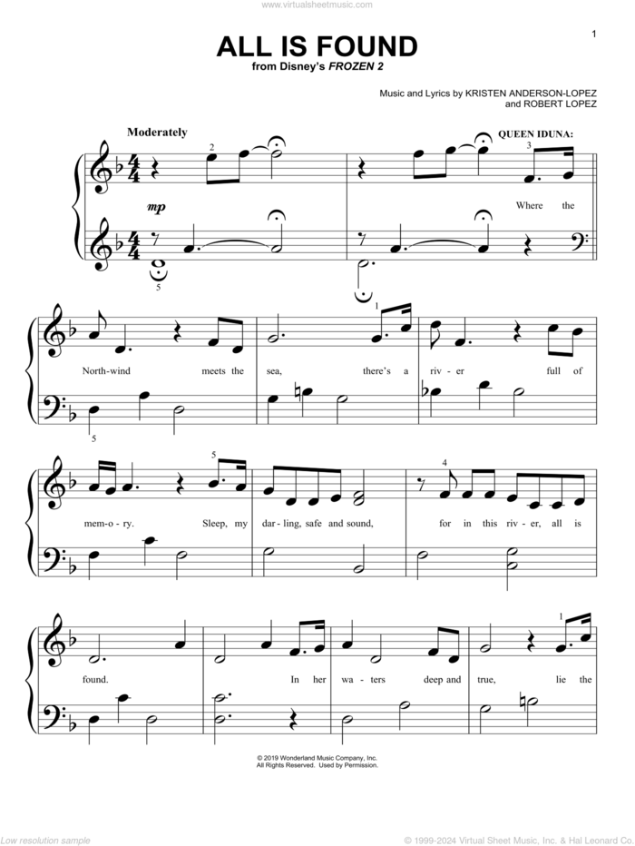 All Is Found (from Disney's Frozen 2) sheet music for piano solo (big note book) by Evan Rachel Wood, Kristen Anderson-Lopez and Robert Lopez, easy piano (big note book)