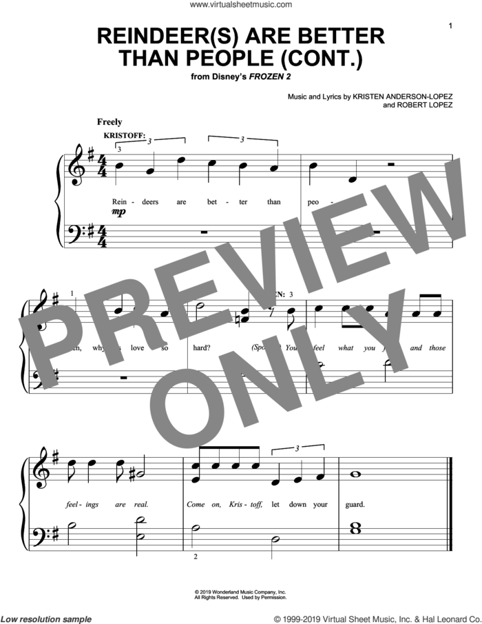 Reindeer(s) Are Better Than People (Cont.) (from Disney's Frozen 2) sheet music for piano solo (big note book) by Jonathan Groff, Kristen Anderson-Lopez and Robert Lopez, easy piano (big note book)