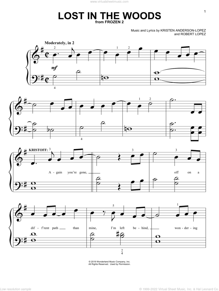Lost In The Woods (from Disney's Frozen 2) sheet music for piano solo (big note book) by Jonathan Groff, Kristen Anderson-Lopez and Robert Lopez, easy piano (big note book)